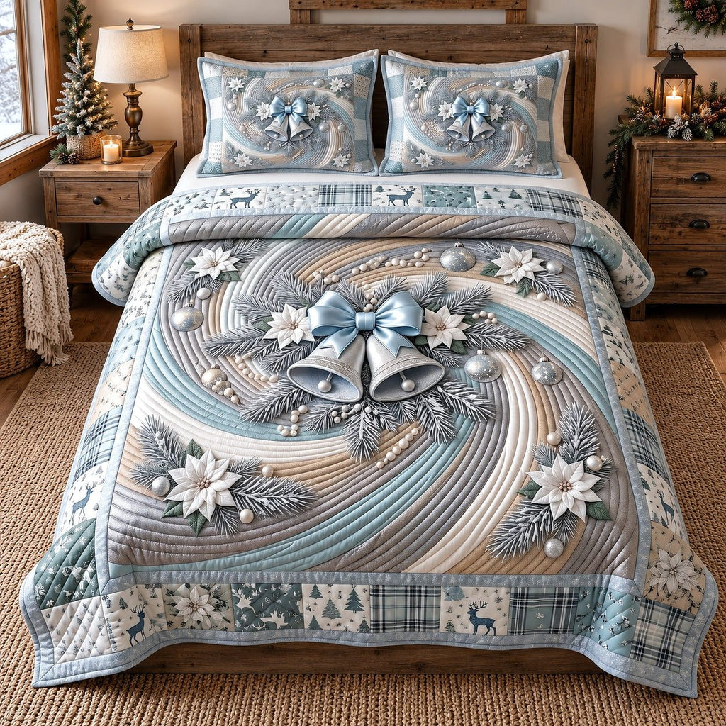 Festive Swirl quilted 3-piece bedding set on a made bed in a winter-styled bedroom
