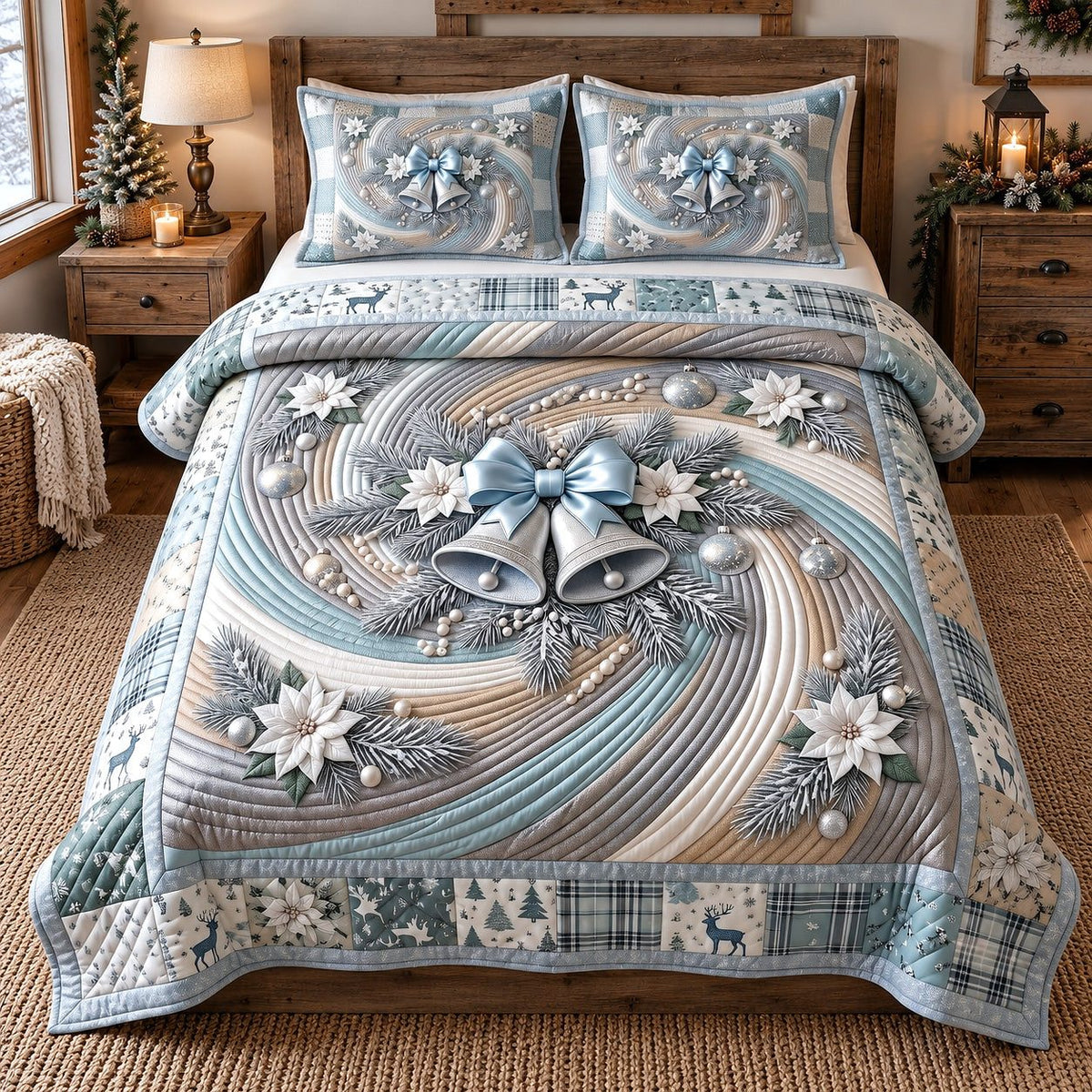 Festive Swirl quilted 3-piece bedding set on a made bed in a winter-styled bedroom