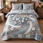 Festive Swirl quilted 3-piece bedding set on a made bed in a winter-styled bedroom