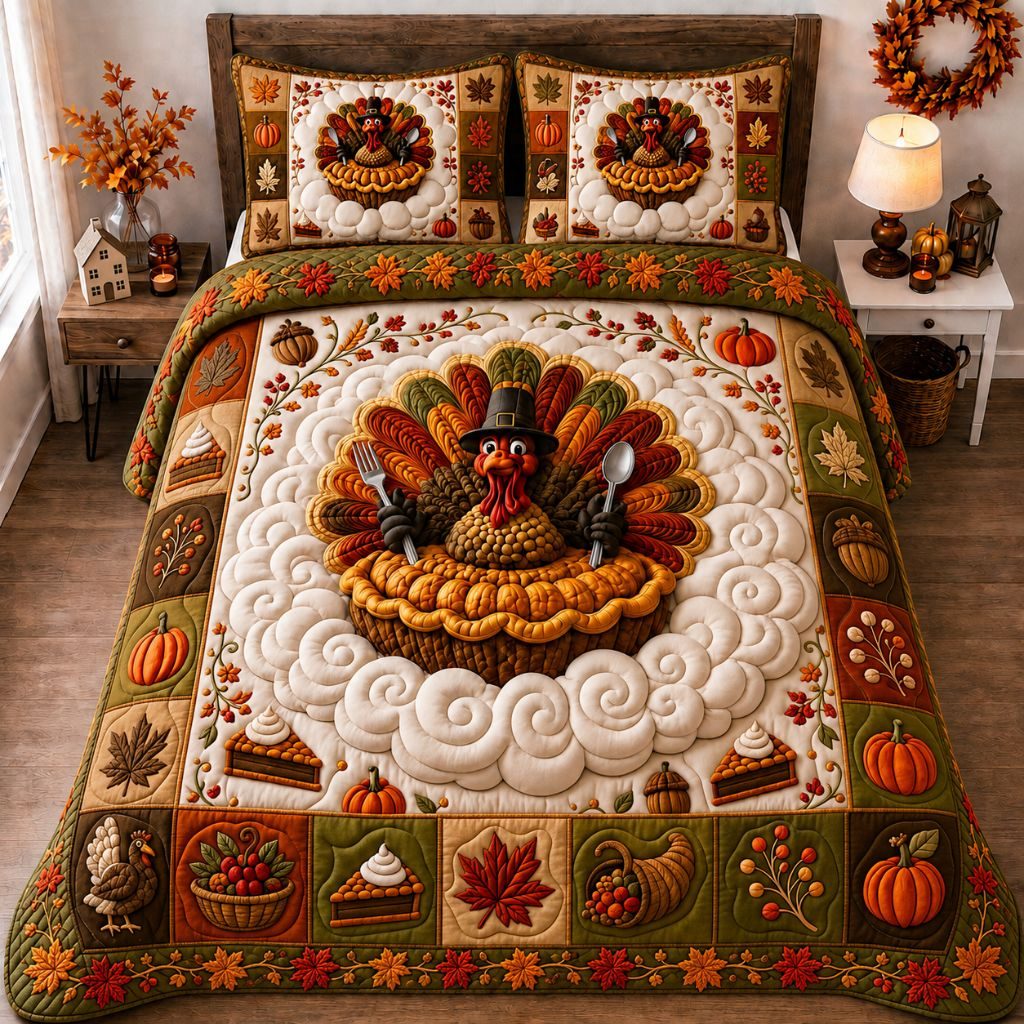 Festive Turkey Gathering quilted 3-piece bedding set on a made bed in a winter-styled bedroom