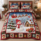 Festive Winter quilted 3-piece bedding set on a made bed in a winter-styled bedroom
