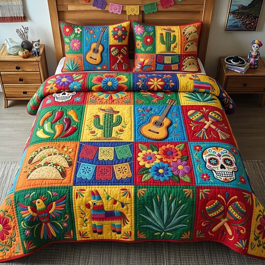 Fiesta Patchwork Joy quilted 3-piece bedding set on a made bed in a farmhouse bedroom