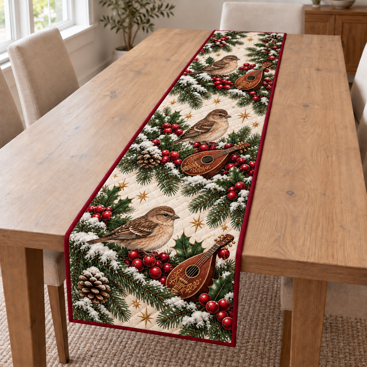 Finch Cranberry Toy Lute printed Christmas quilted table runner; design mockup showing a flat printed depth effect.