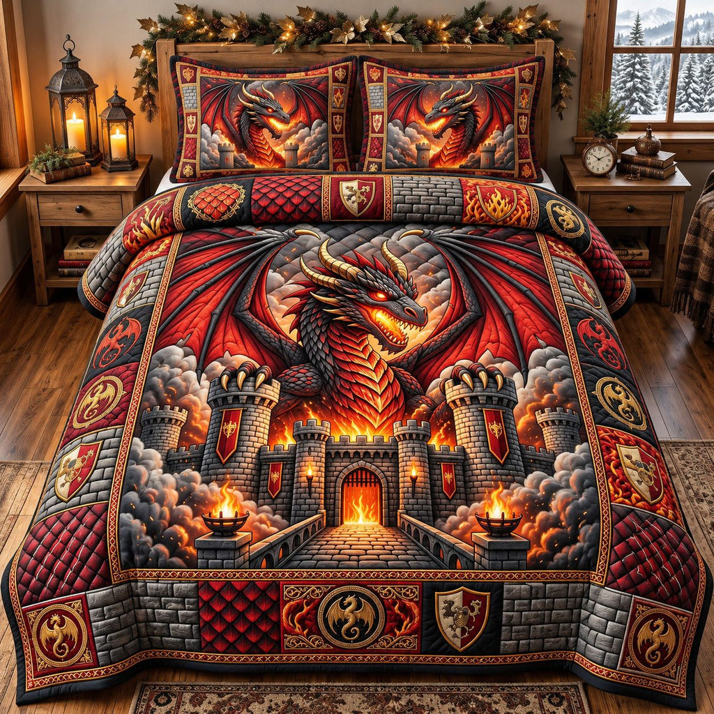 Fire Castle Red Dragon quilted 3-piece bedding set on a made bed with two matching pillow shams