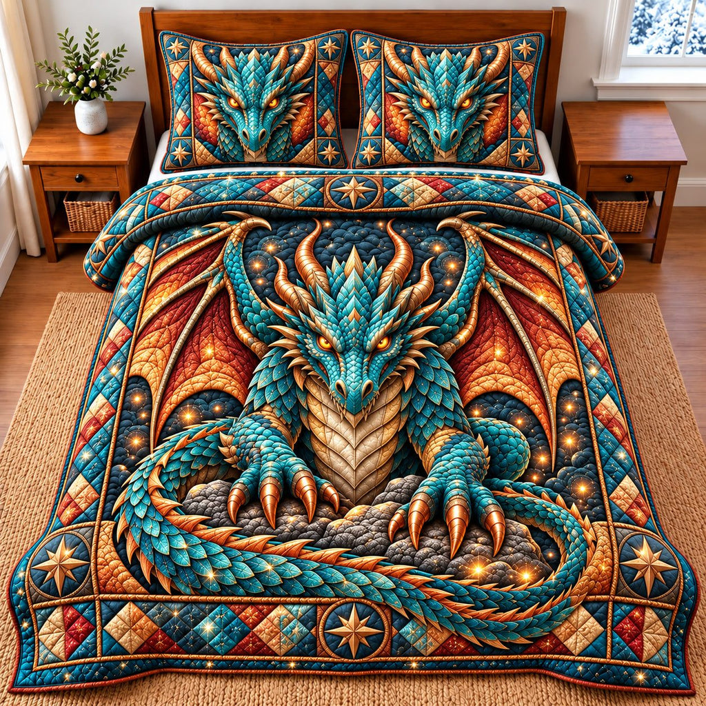 Fire Dragon quilted 3-piece bedding set on a made bed with two matching pillow shams