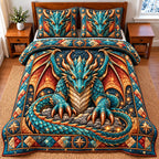 Fire Dragon quilted 3-piece bedding set on a made bed with two matching pillow shams