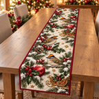 Firecrest Apple Golden Sleigh printed Christmas quilted table runner; design mockup showing a flat printed depth effect.