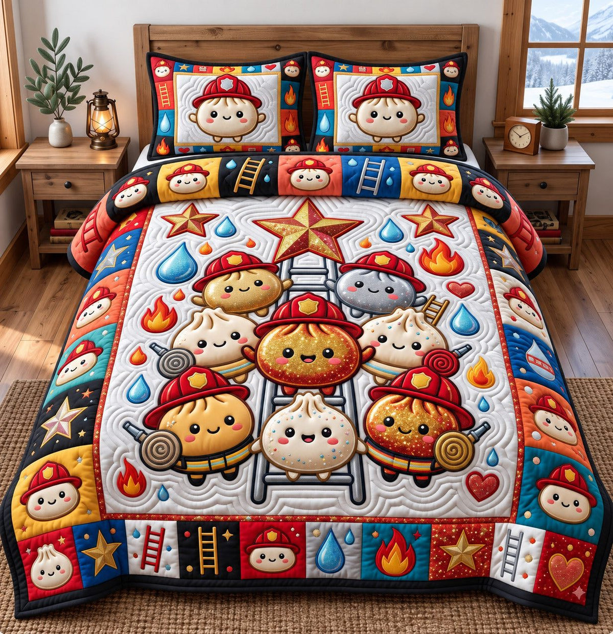 Firefighter Hero Dumplings quilted 3-piece bedding set on a made bed in a warmly lit bedroom