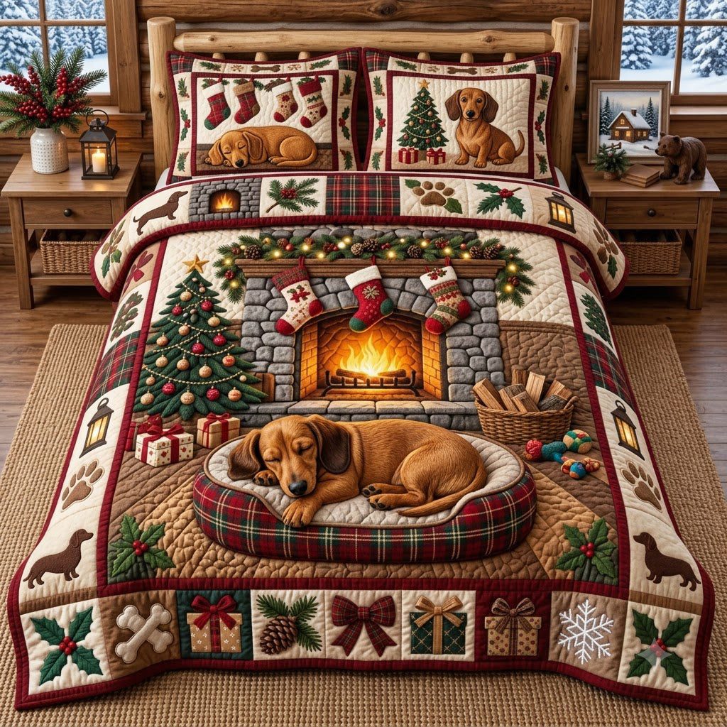 Fireplace Bed Sleeping Weenie quilted 3-piece bedding set on a made bed with two matching pillow shams