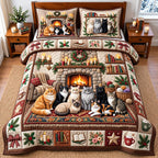 Fireplace Cat quilted 3-piece bedding set on a made bed with two matching pillow shams