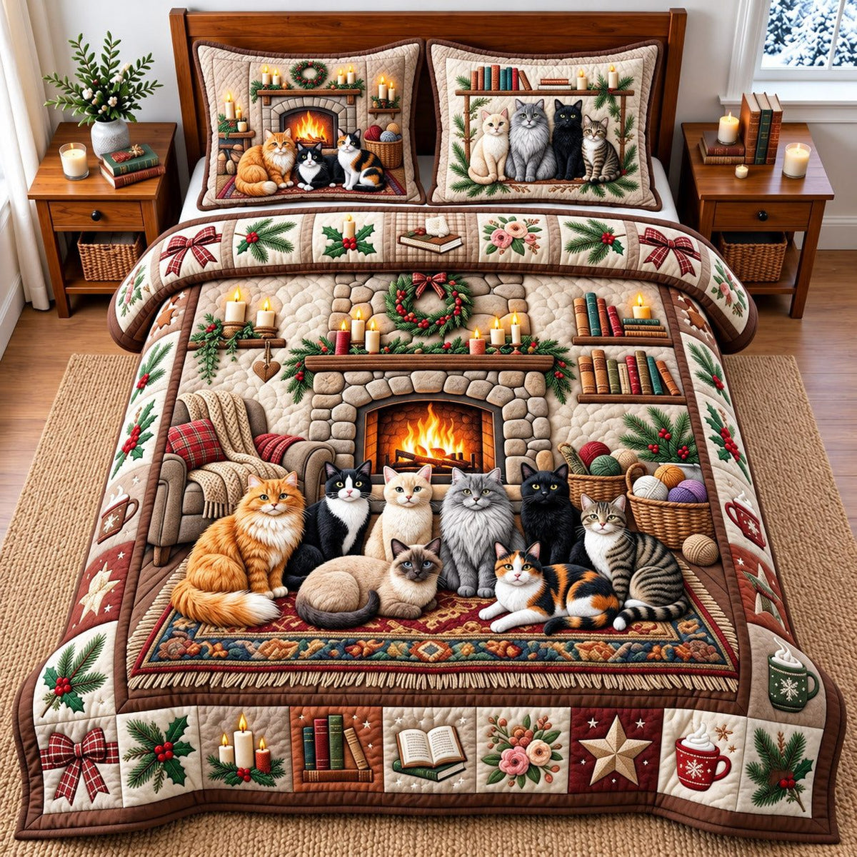 Fireplace Cat quilted 3-piece bedding set on a made bed with two matching pillow shams