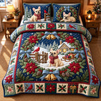 Fireside Bulldog quilted 3-piece bedding set on a made bed with two matching pillow shams