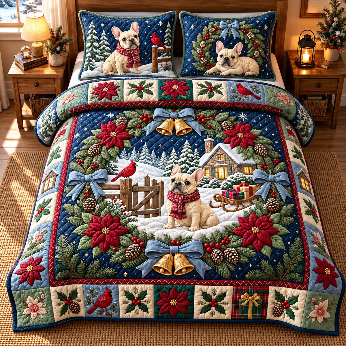 Fireside Bulldog quilted 3-piece bedding set on a made bed with two matching pillow shams