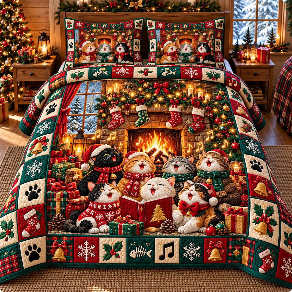 Fireside Caroling Cats quilted 3-piece bedding set on a made bed in a winter-styled bedroom