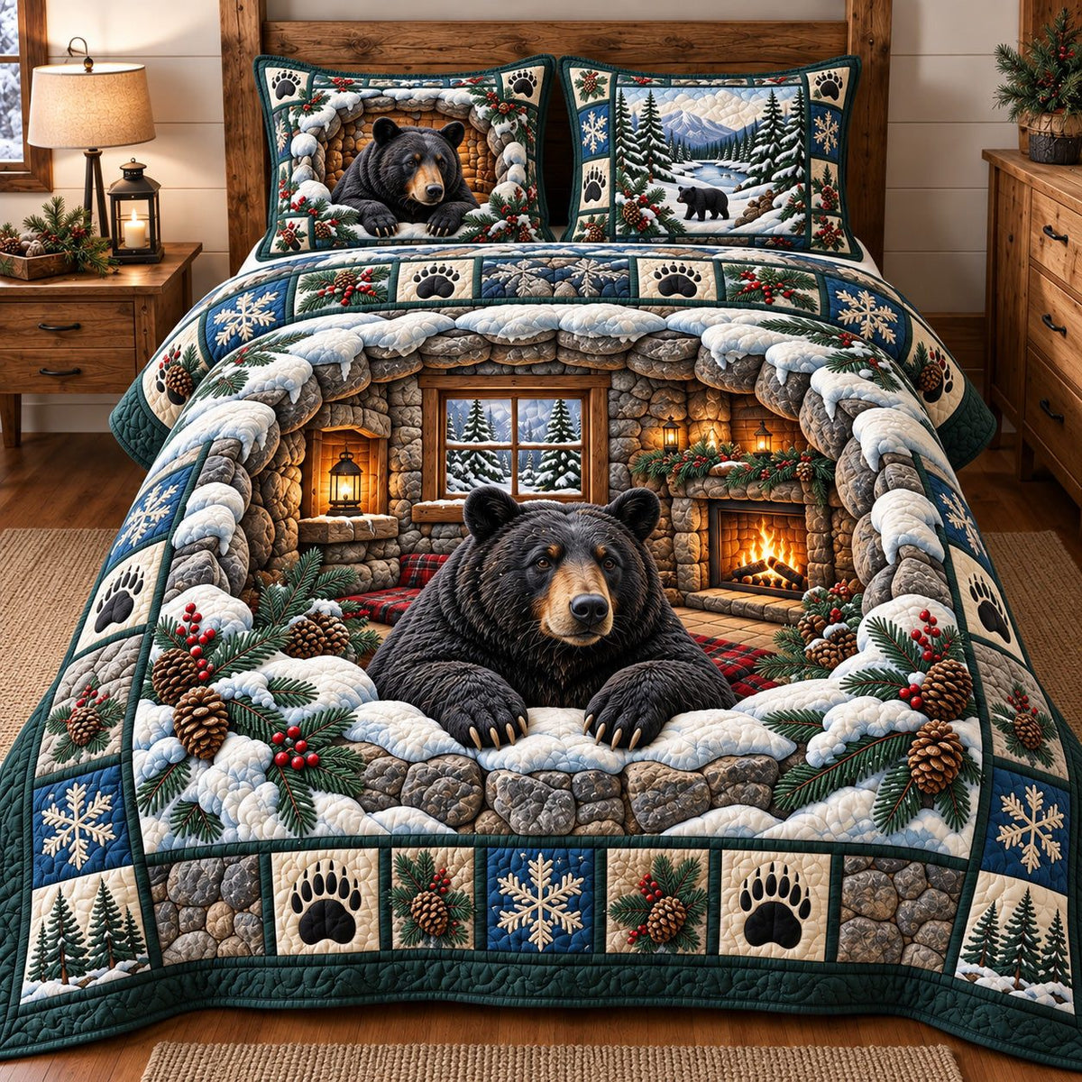 Fireside Cave Black Bear quilted 3-piece bedding set on a made bed with two matching pillow shams