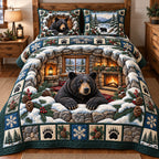 Fireside Cave Black Bear quilted 3-piece bedding set on a made bed with two matching pillow shams