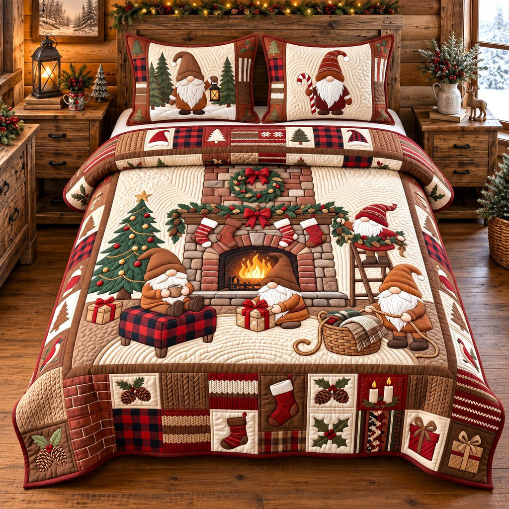 Fireside Christmas Gnomes quilted 3-piece bedding set on a made bed in a winter-styled bedroom