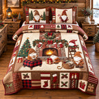 Fireside Christmas Gnomes quilted 3-piece bedding set on a made bed in a winter-styled bedroom