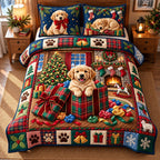 Fireside Golden quilted 3-piece bedding set on a made bed with two matching pillow shams