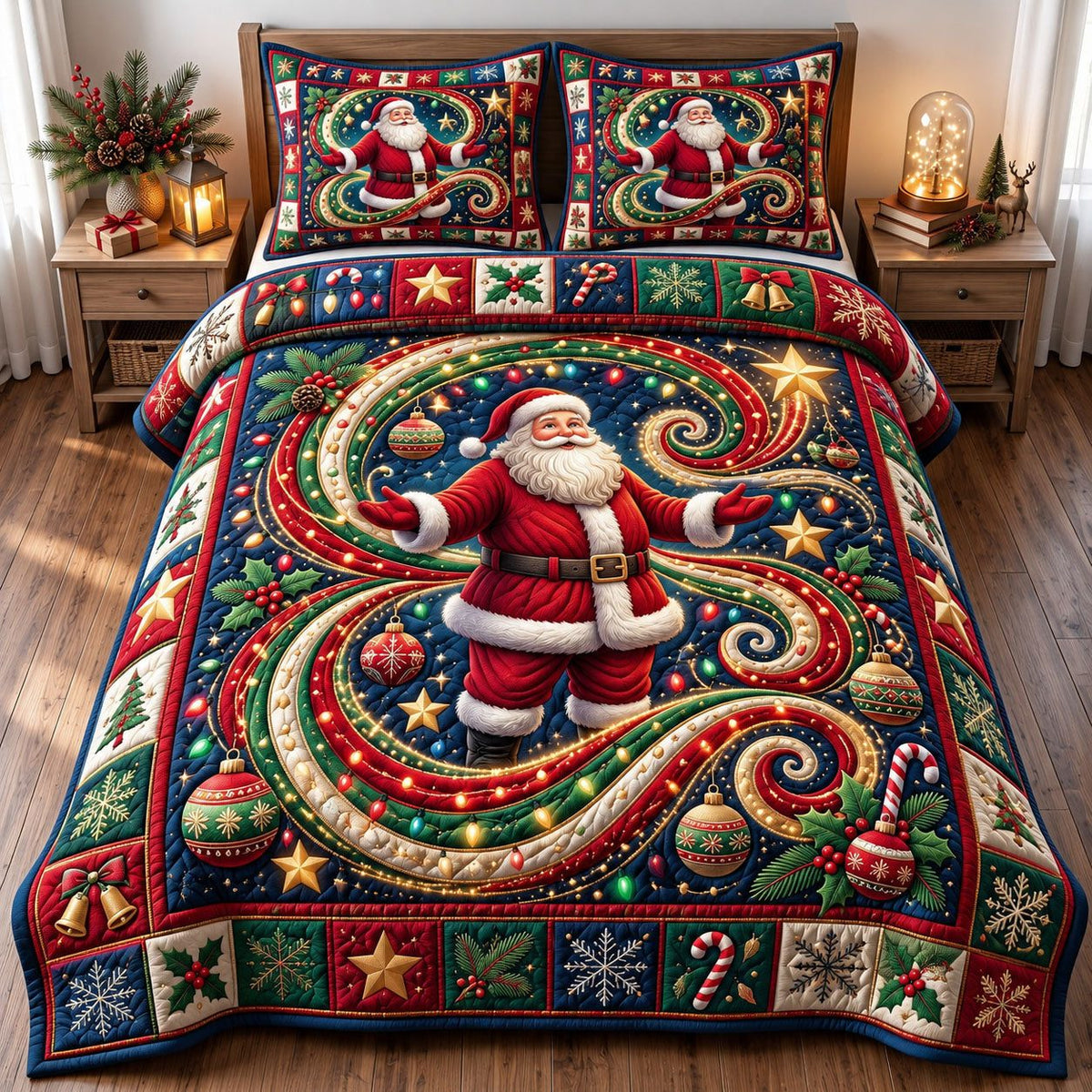 Fireside Nap Santa Claus quilted 3-piece bedding set on a made bed in a winter-styled bedroom