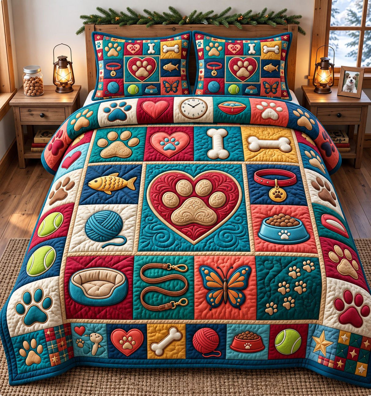 Fish And Yarn Paw Blocks quilted 3-piece bedding set on a made bed with two matching pillow shams