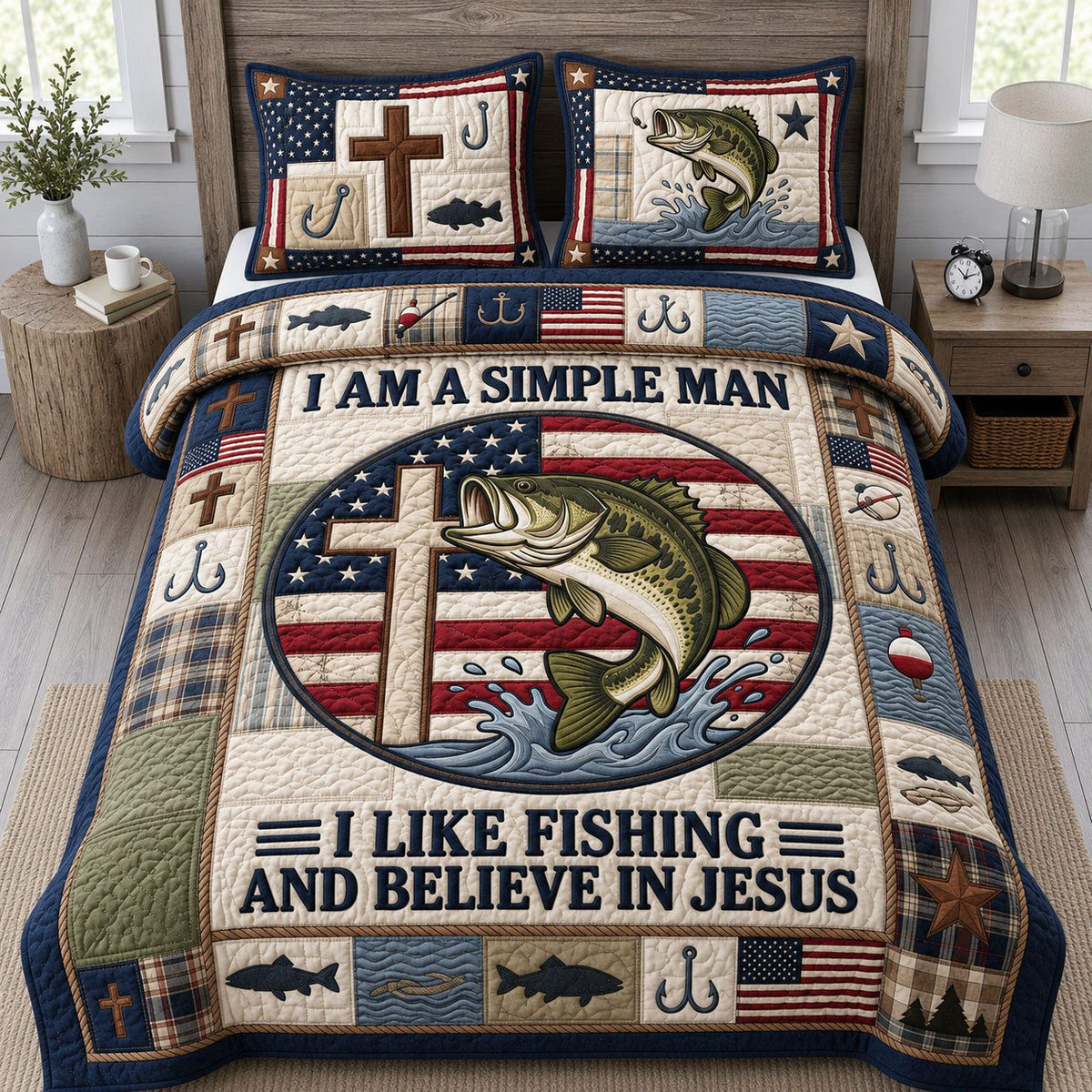 Fishing And Jesus quilted 3-piece bedding set on a made bed in a softly lit bedroom