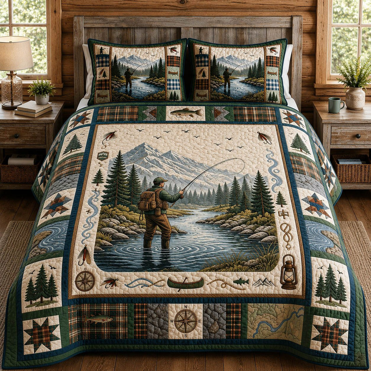 Fishing Life Angler Cabin quilted 3-piece bedding set on a made bed with two matching pillow shams