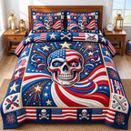 Flag Bandana Patriotic Skull quilted 3-piece bedding set on a made bed against a dark styled interior