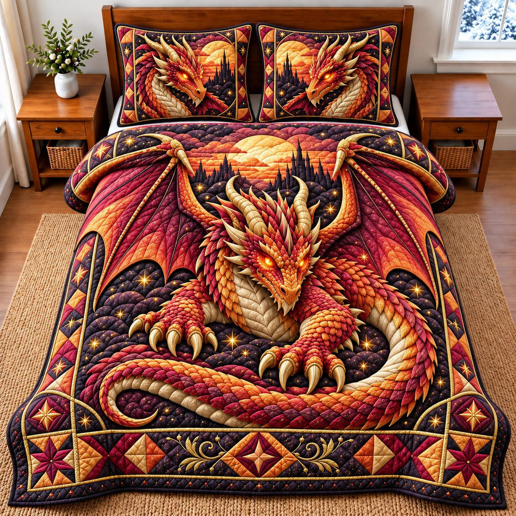 Flame Dragon quilted 3-piece bedding set on a made bed with two matching pillow shams