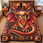 Flame Dragon quilted 3-piece bedding set on a made bed with two matching pillow shams