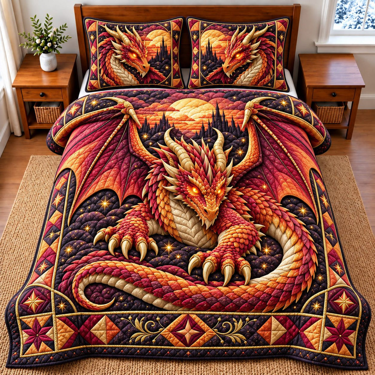 Flame Dragon quilted 3-piece bedding set on a made bed with two matching pillow shams