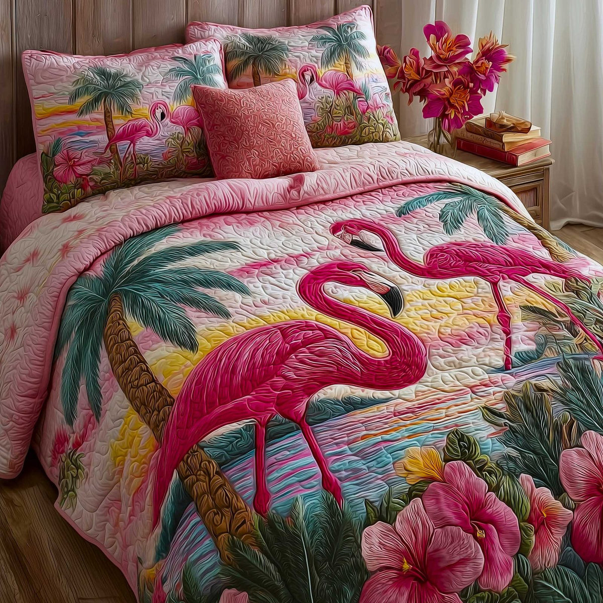 Flamingo Palm Sunset quilted 3-piece bedding set on a made bed in a light coastal bedroom