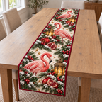 Flamingo Pomegranate Holiday Lantern printed Christmas quilted table runner; design mockup showing a flat printed depth effect.