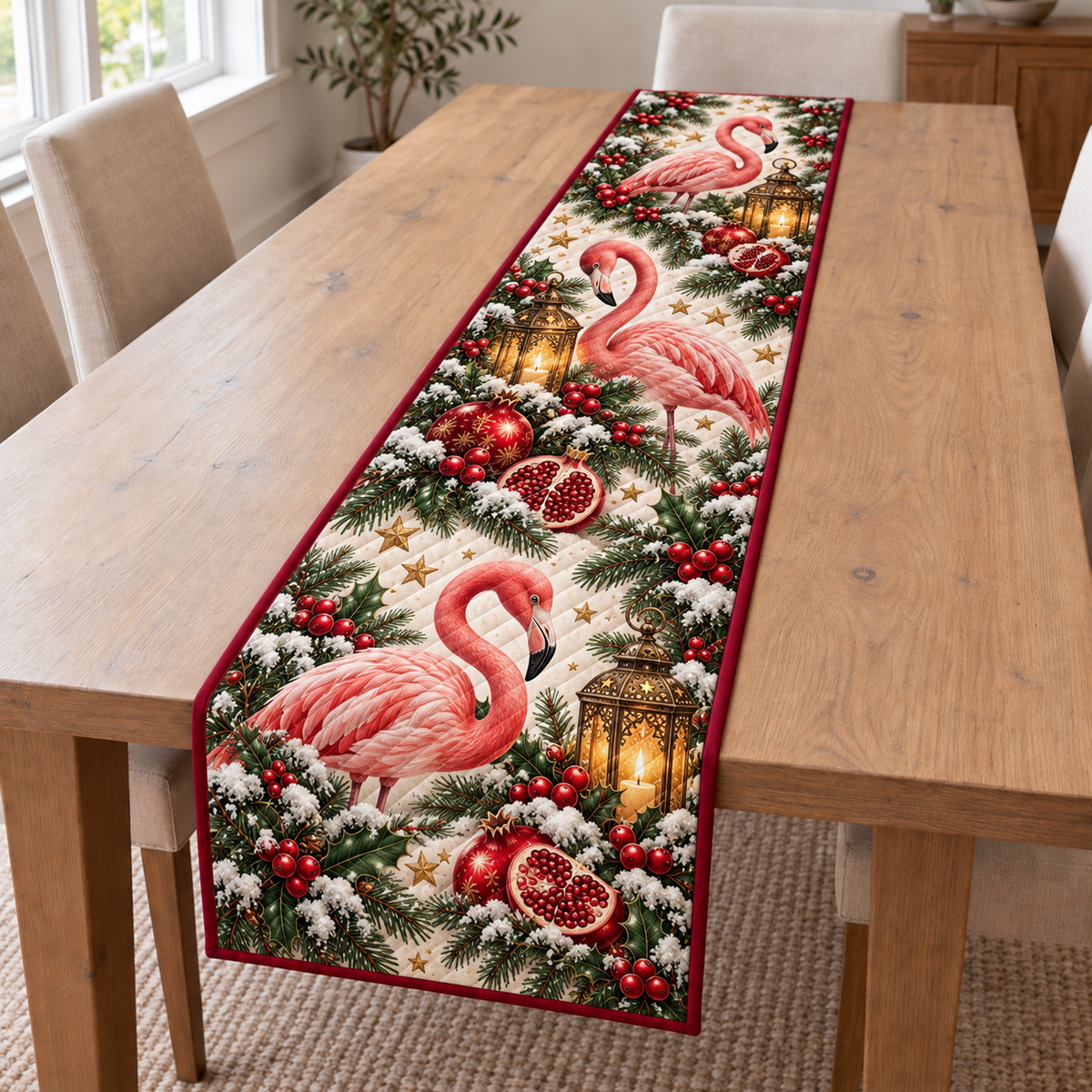 Flamingo Pomegranate Holiday Lantern printed Christmas quilted table runner; design mockup showing a flat printed depth effect.