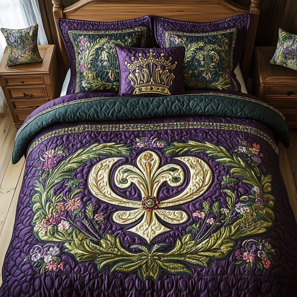 Fleur De Lis Gold Green quilted 3-piece bedding set on a made bed with two matching pillow shams