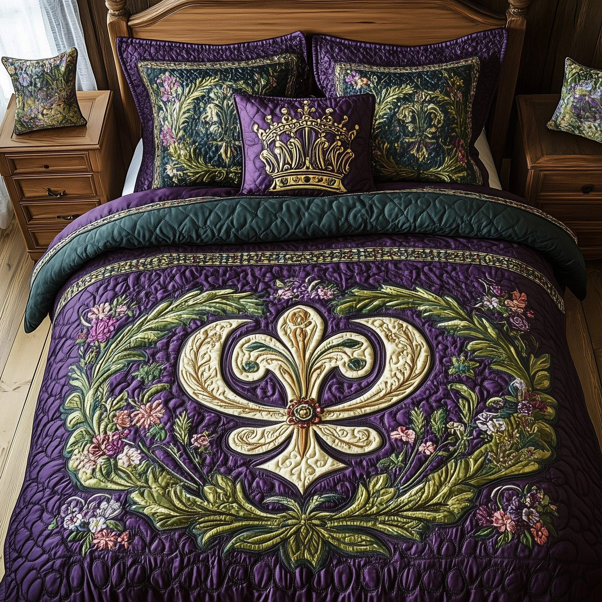 Fleur De Lis Gold Green quilted 3-piece bedding set on a made bed with two matching pillow shams