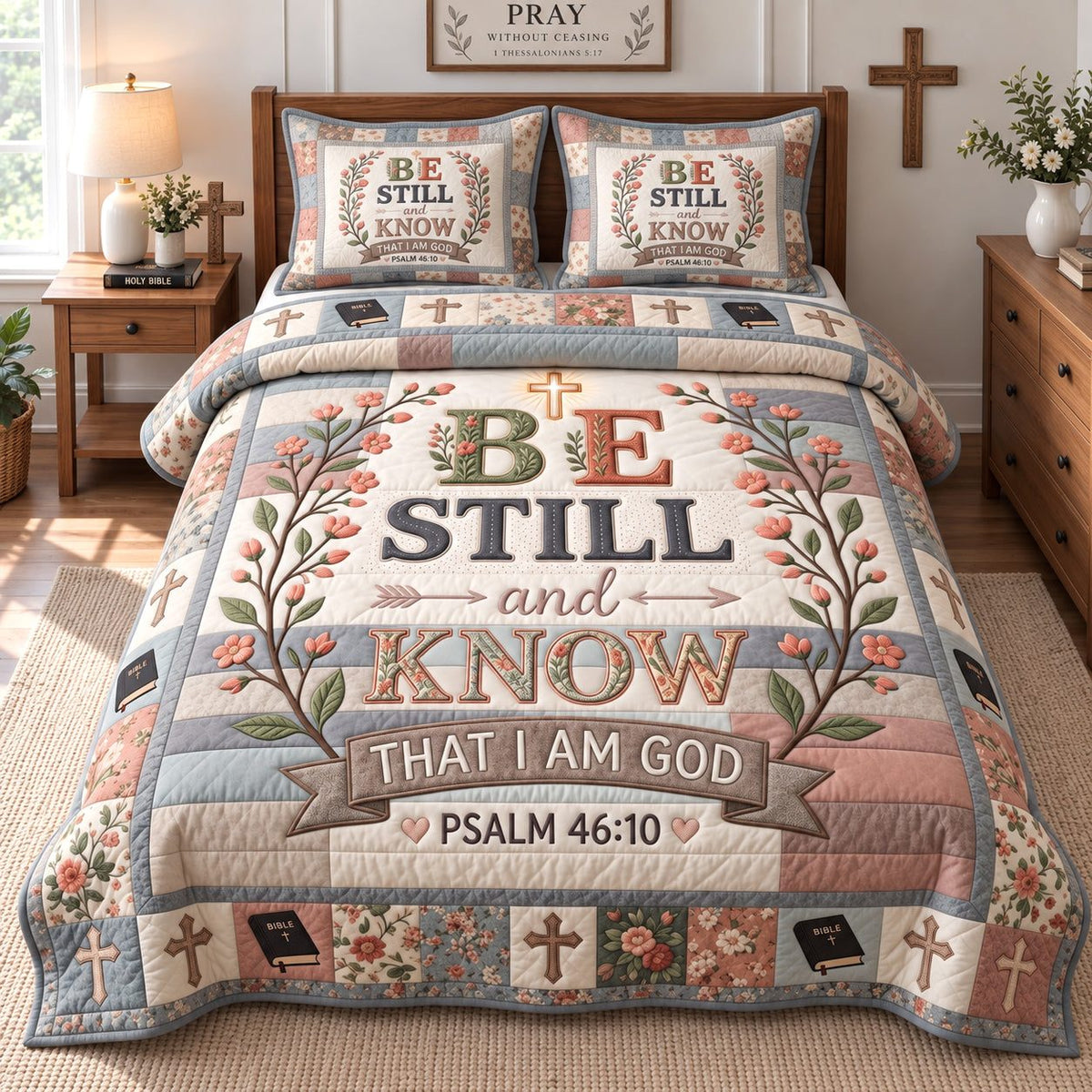 Floral Be Still quilted 3-piece bedding set on a made bed with two matching pillow shams