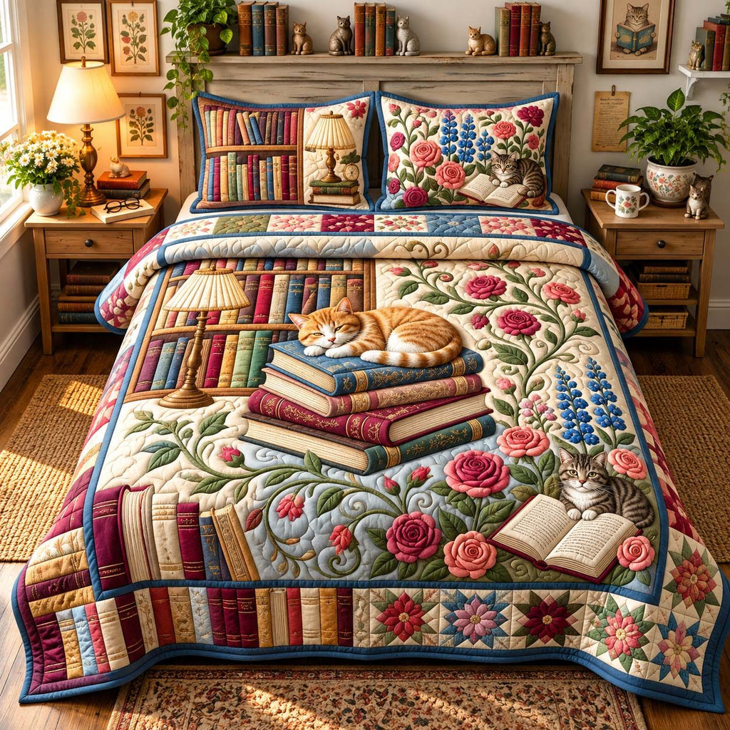 Floral Book Cat quilted 3-piece bedding set on a made bed with two matching pillow shams