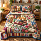 Floral Book Cat quilted 3-piece bedding set on a made bed with two matching pillow shams