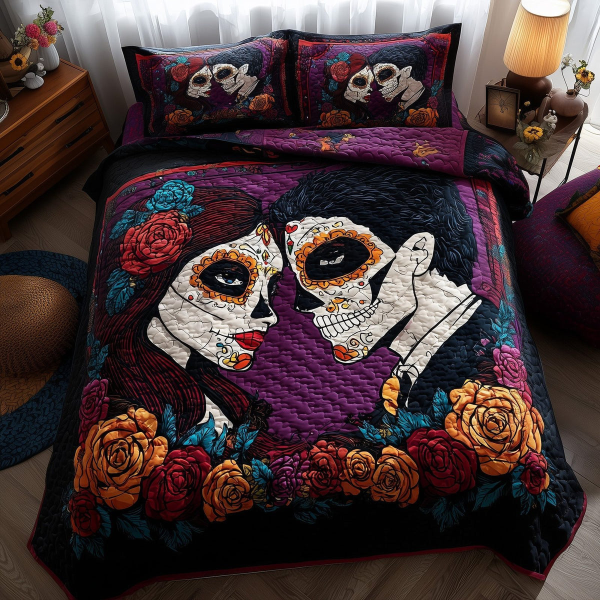 Floral Calavera Couple Purple quilted 3-piece bedding set on a made bed with two matching pillow shams