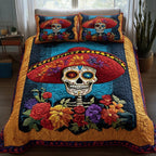 Floral Calavera Red Sombrero quilted 3-piece bedding set on a made bed with two matching pillow shams