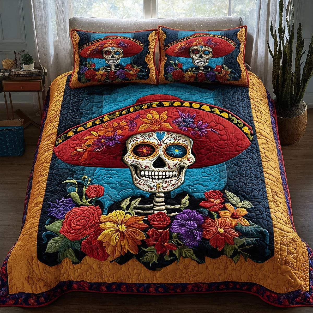 Floral Calavera Red Sombrero quilted 3-piece bedding set on a made bed with two matching pillow shams