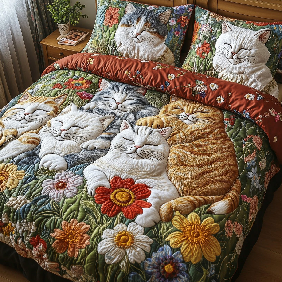 Floral Cat Haven quilted 3-piece bedding set on a made bed with two matching pillow shams