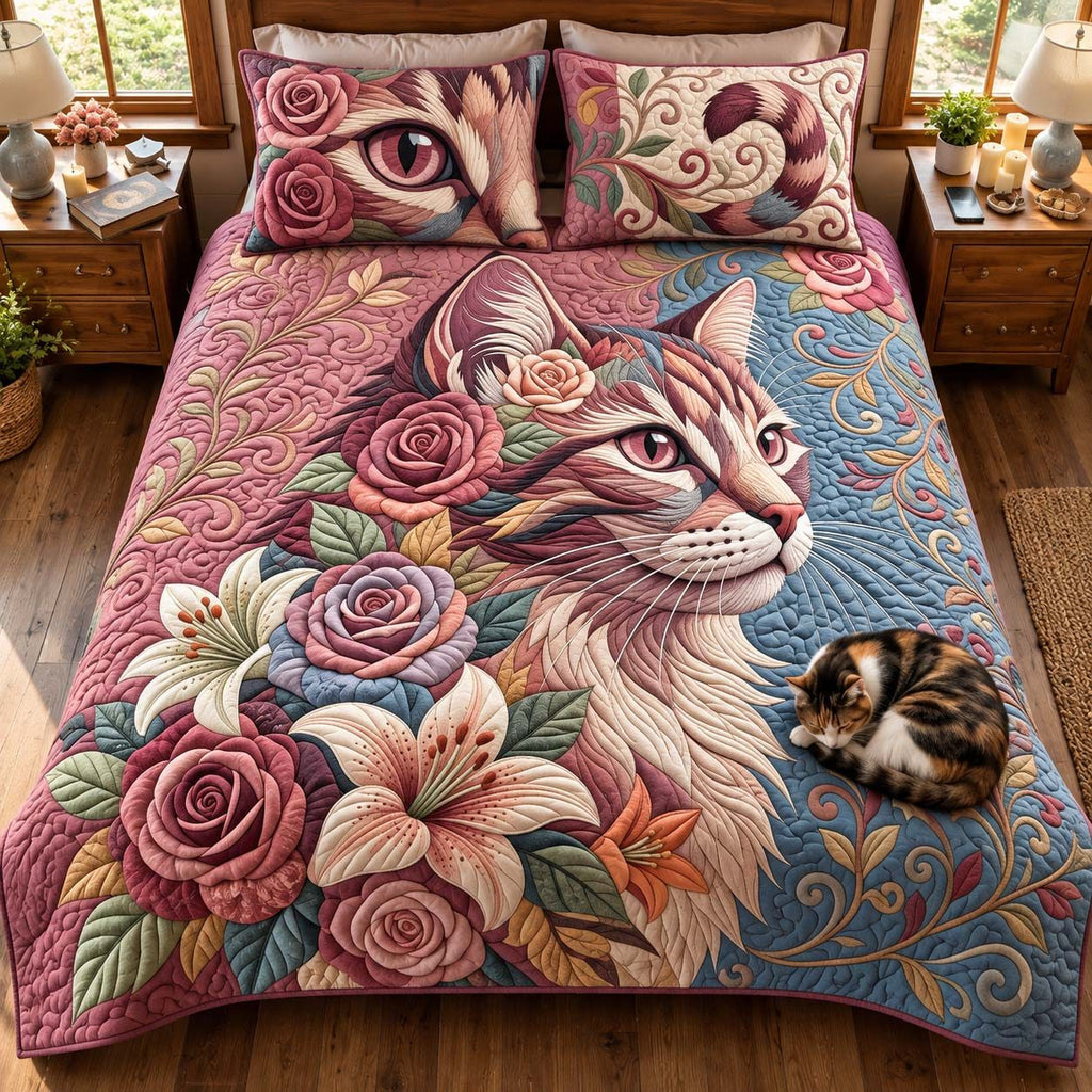Floral Cat quilted 3-piece bedding set on a made bed with two matching pillow shams
