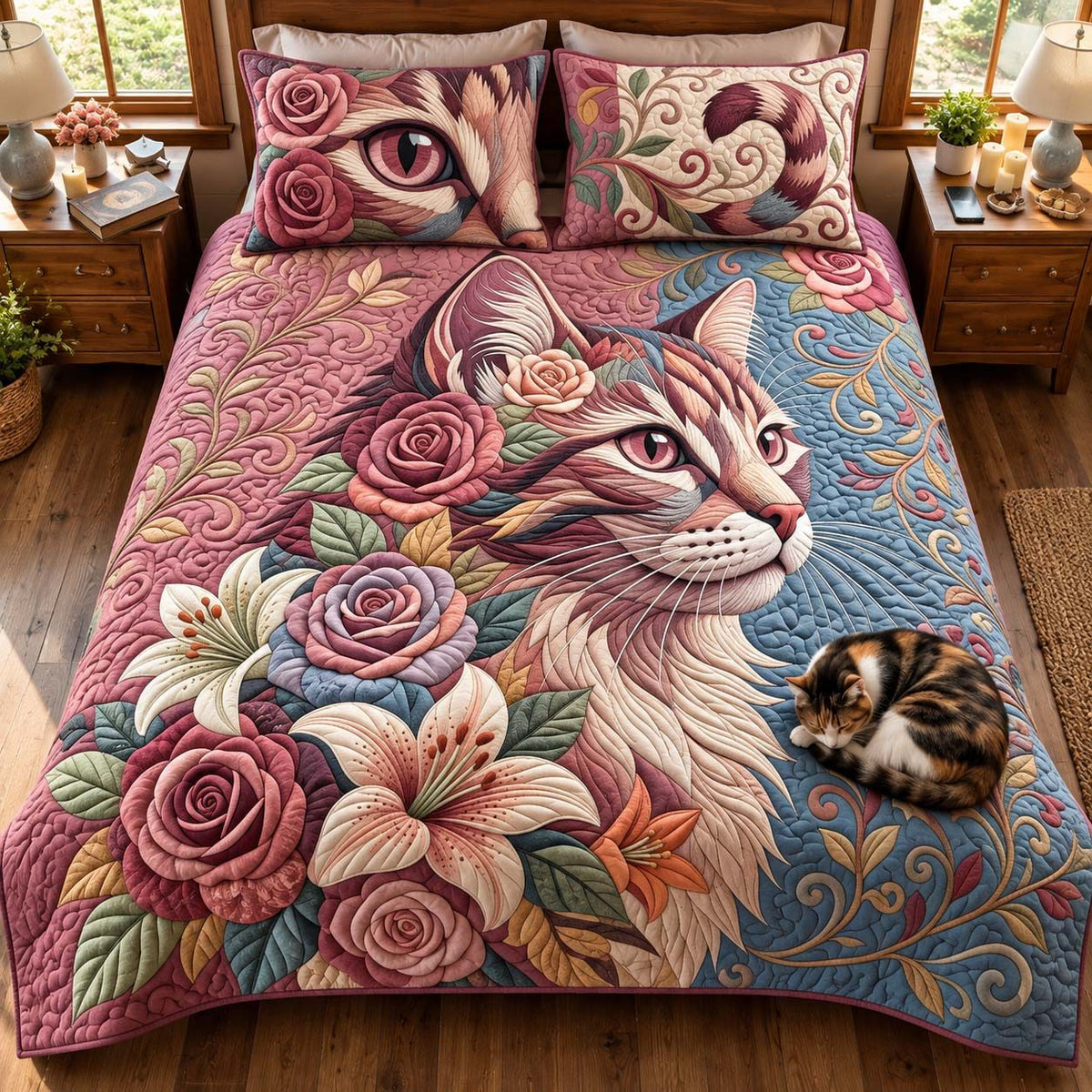 Floral Cat quilted 3-piece bedding set on a made bed with two matching pillow shams