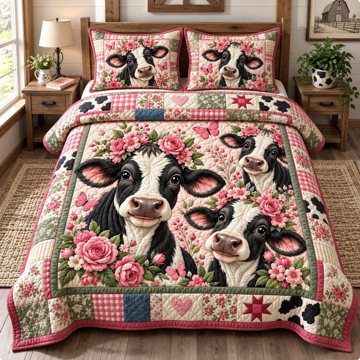 Floral Cow Family quilted 3-piece bedding set on a made bed with two matching pillow shams