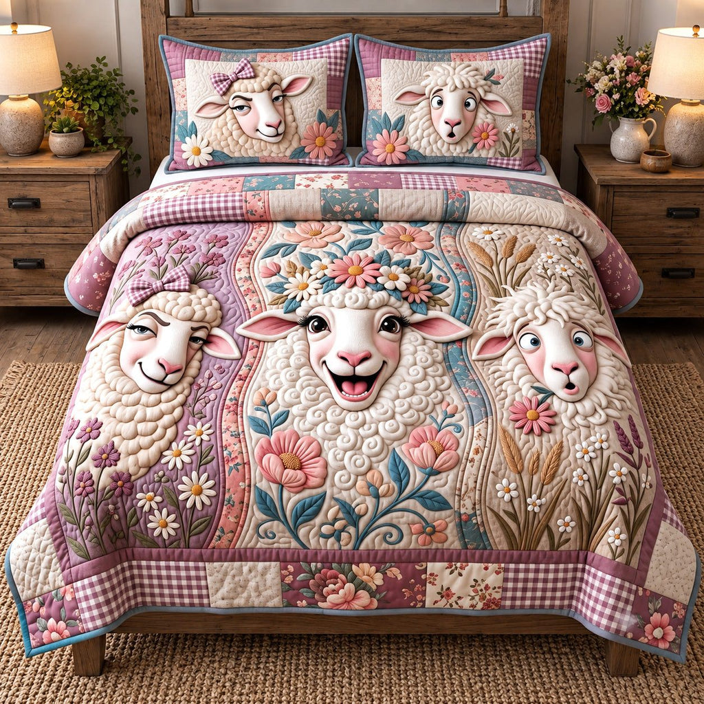 Floral Fleece Friends quilted 3-piece bedding set on a made bed with two matching pillow shams