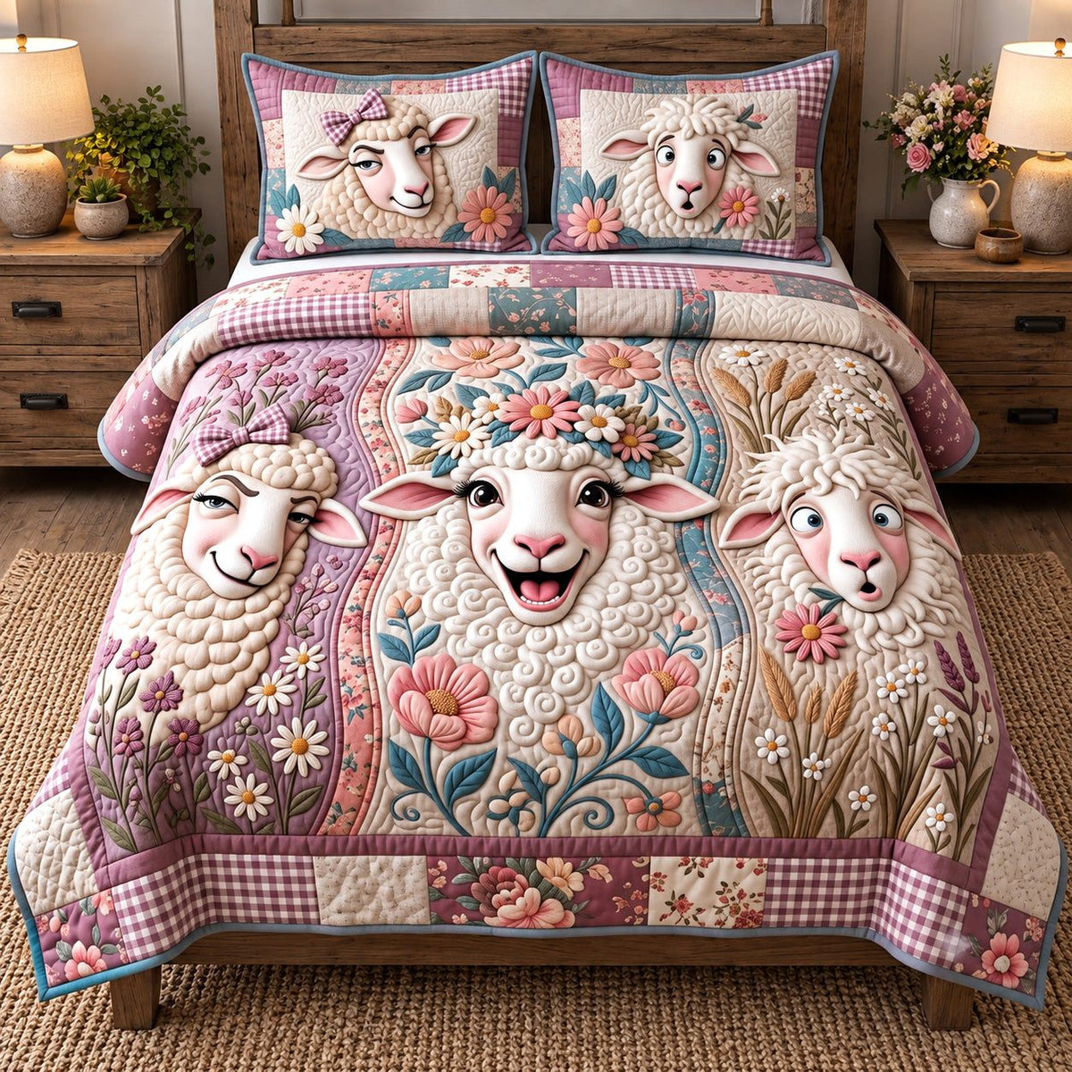 Floral Fleece Friends quilted 3-piece bedding set on a made bed with two matching pillow shams