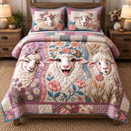 Floral Fleece Friends quilted 3-piece bedding set on a made bed with two matching pillow shams