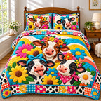 Floral Funky Cow quilted 3-piece bedding set on a made bed with two matching pillow shams